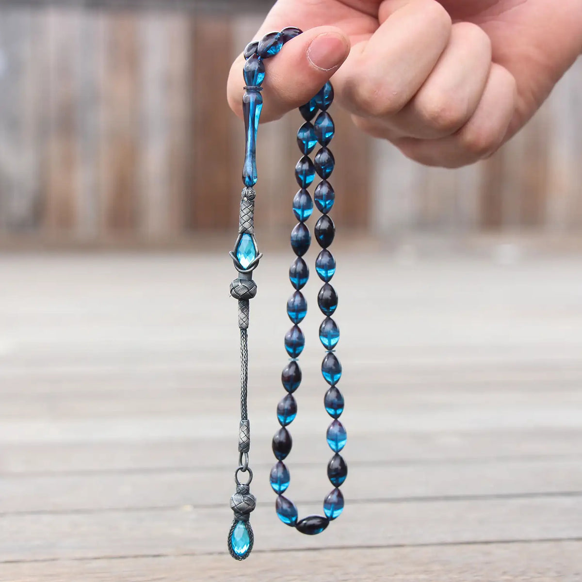 Blue Black Amber Prayer Beads Silver Kazaz Detailed Elegant Design