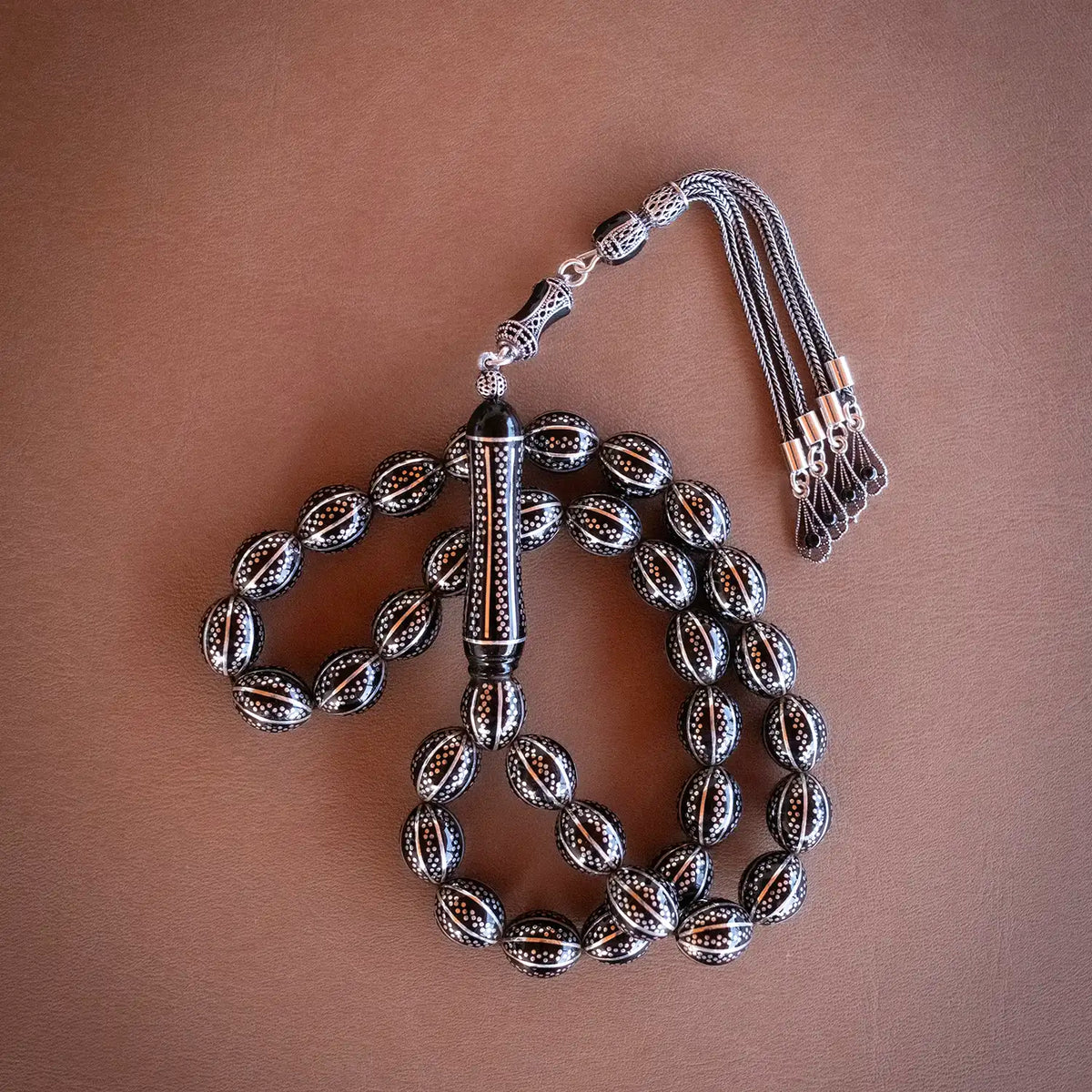 Silver 8'li Yarma Nokta Çakımlı Erzurum Oltu Prayer Beads Special Design Silver Tasselled