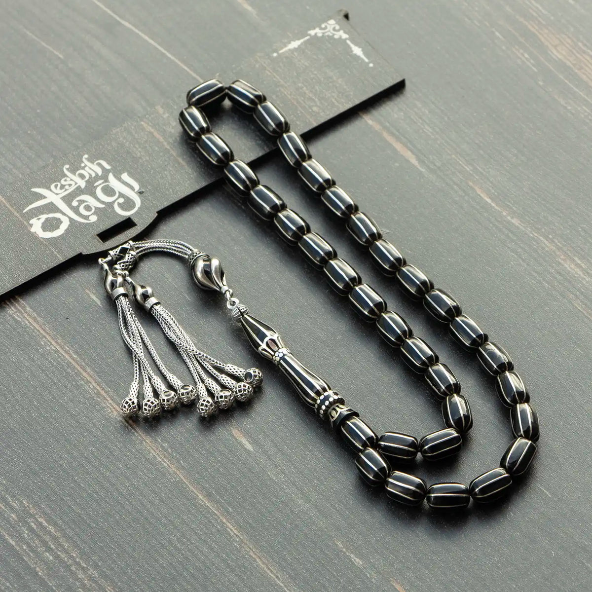 8’li Silver Yarma Engraved Erzurum Oltu Prayer Beads Capsule Cut