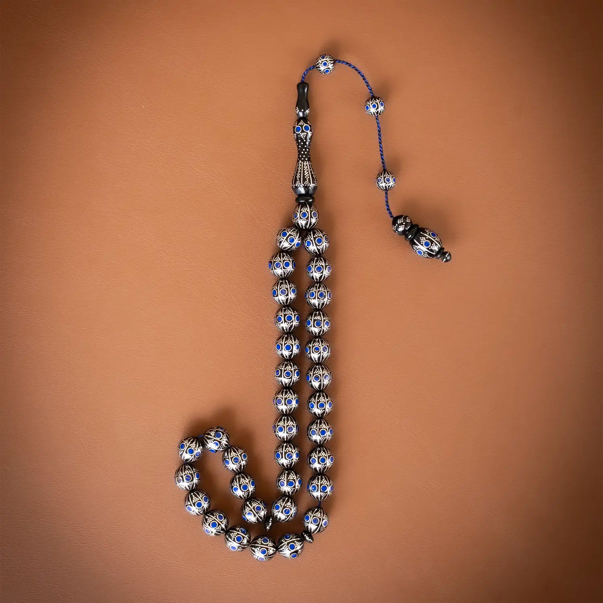 Turquoise Silver Engraved Usta Crafted Erzurum Oltu Stone Prayer Beads Koleksiyonluk