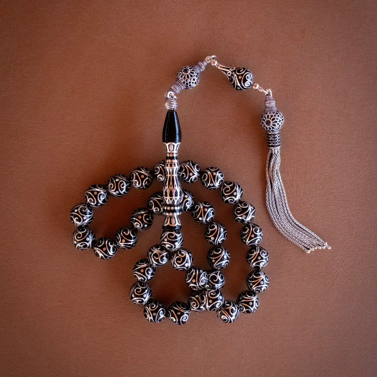 Nadide Silver Engraved Erzurum Oltu Prayer Beads Usta Crafted Special Design
