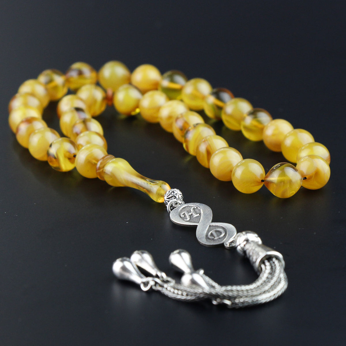 Personalized Silver Infinity Yellow Sphere Pressed Amber Initial Prayer Beads