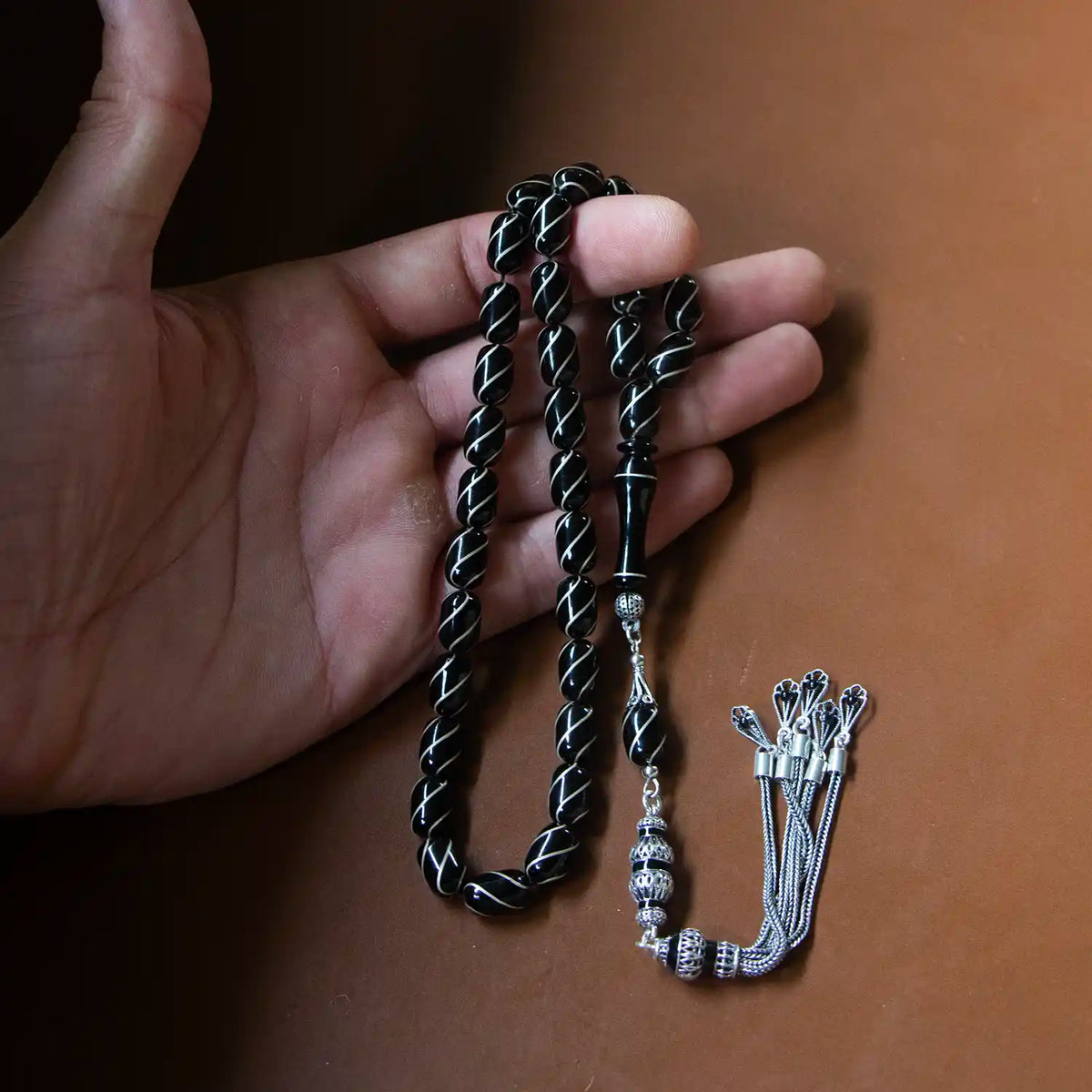 Silver Engraved Erzurum Oltu Prayer Beads Sistemli Silver Tasselled Premium Koleksiyon