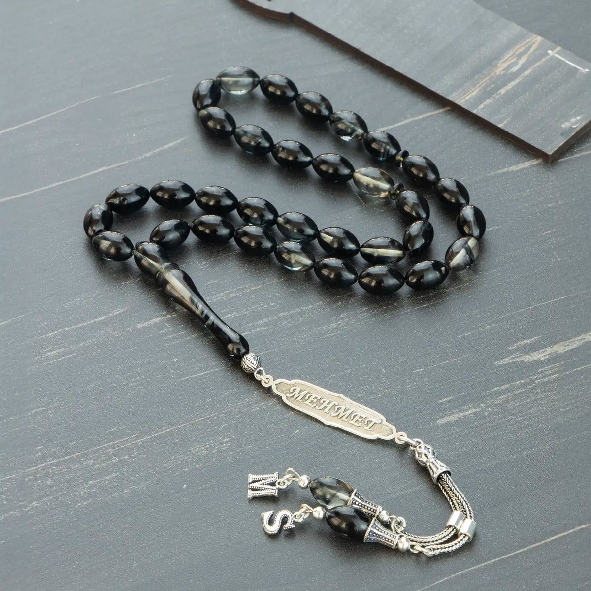 Black Clear Personalized Fire Amber Prayer Beads Silver Personalized & Initial Tassel