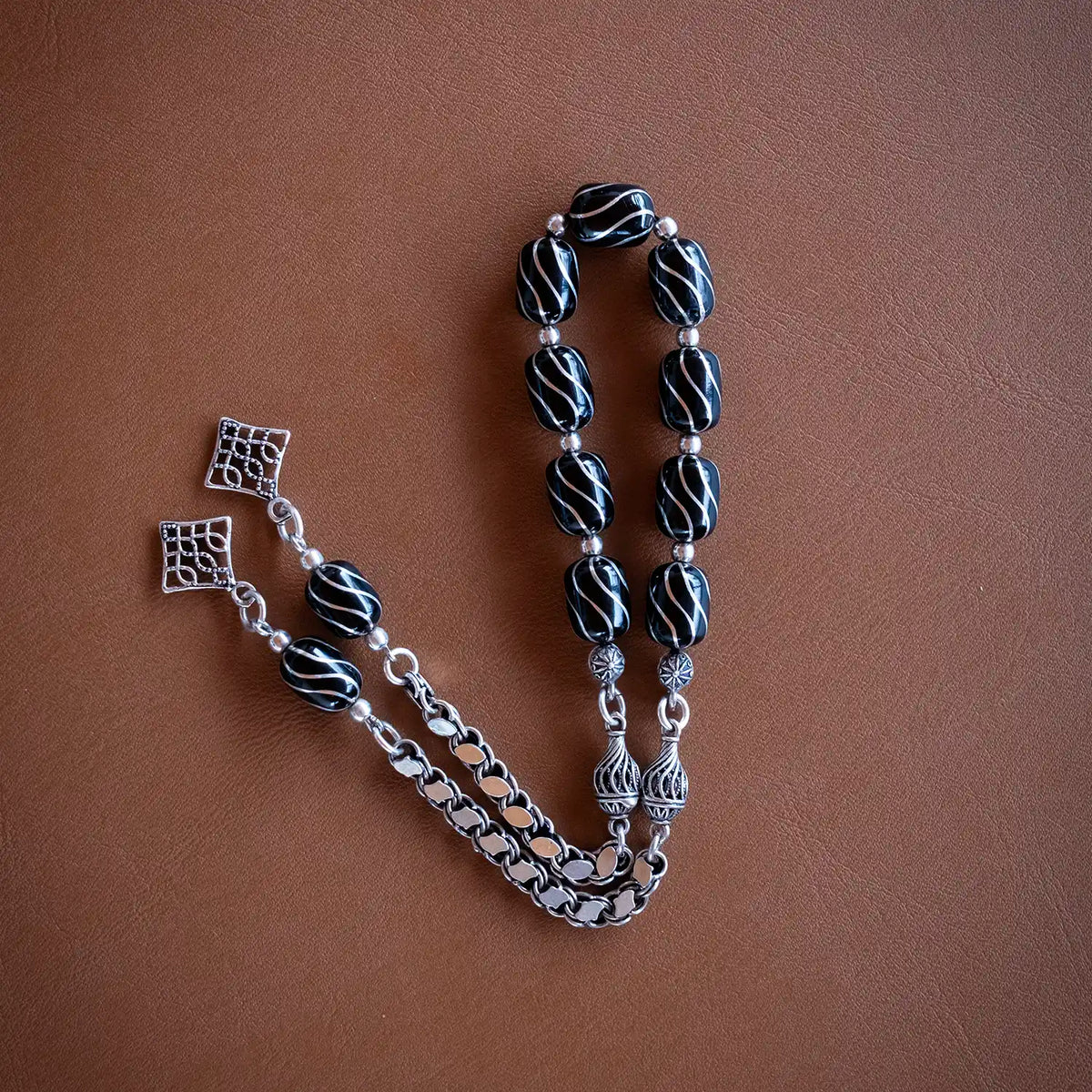 Zaza Silver Engraved Erzurum Oltu Prayer Beads Special Silver Chain Designed