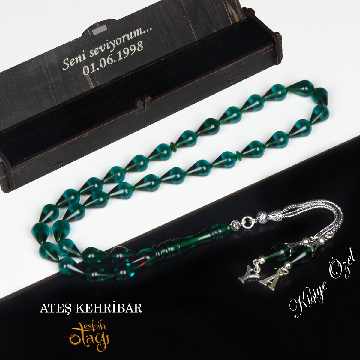 Personalized Initial Silver Tasselled Drop Cut Green Fire Amber Prayer Beads