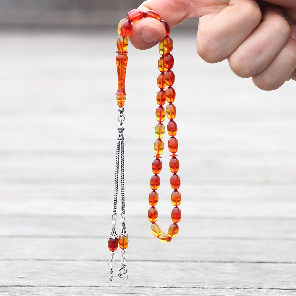 Personalized Silver Tasselled İmame Special Engraved Orange Moiré Fire Amber Prayer Beads