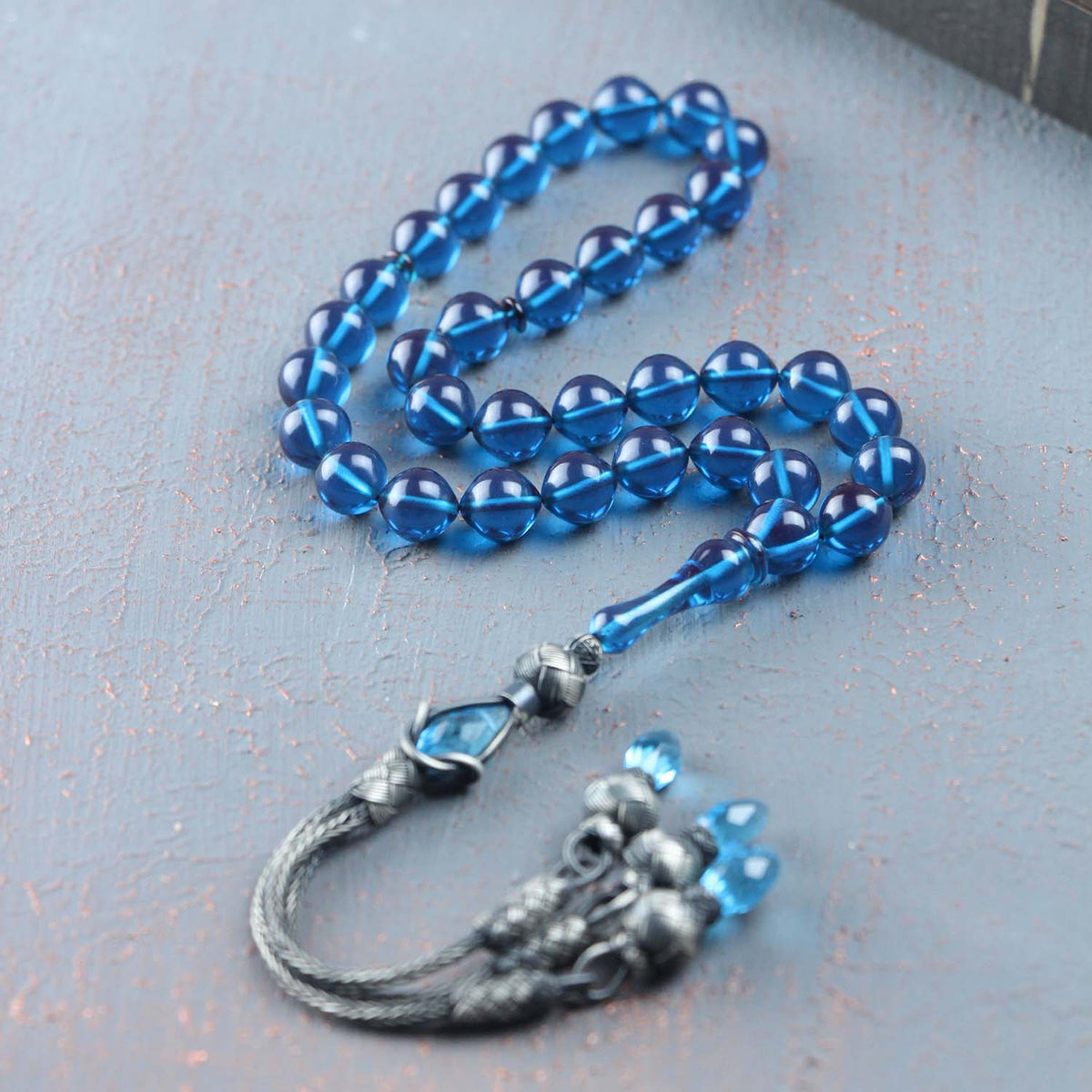 Silver Kazaz Tasselled Sphere Cut Blue Fire Amber Prayer Beads