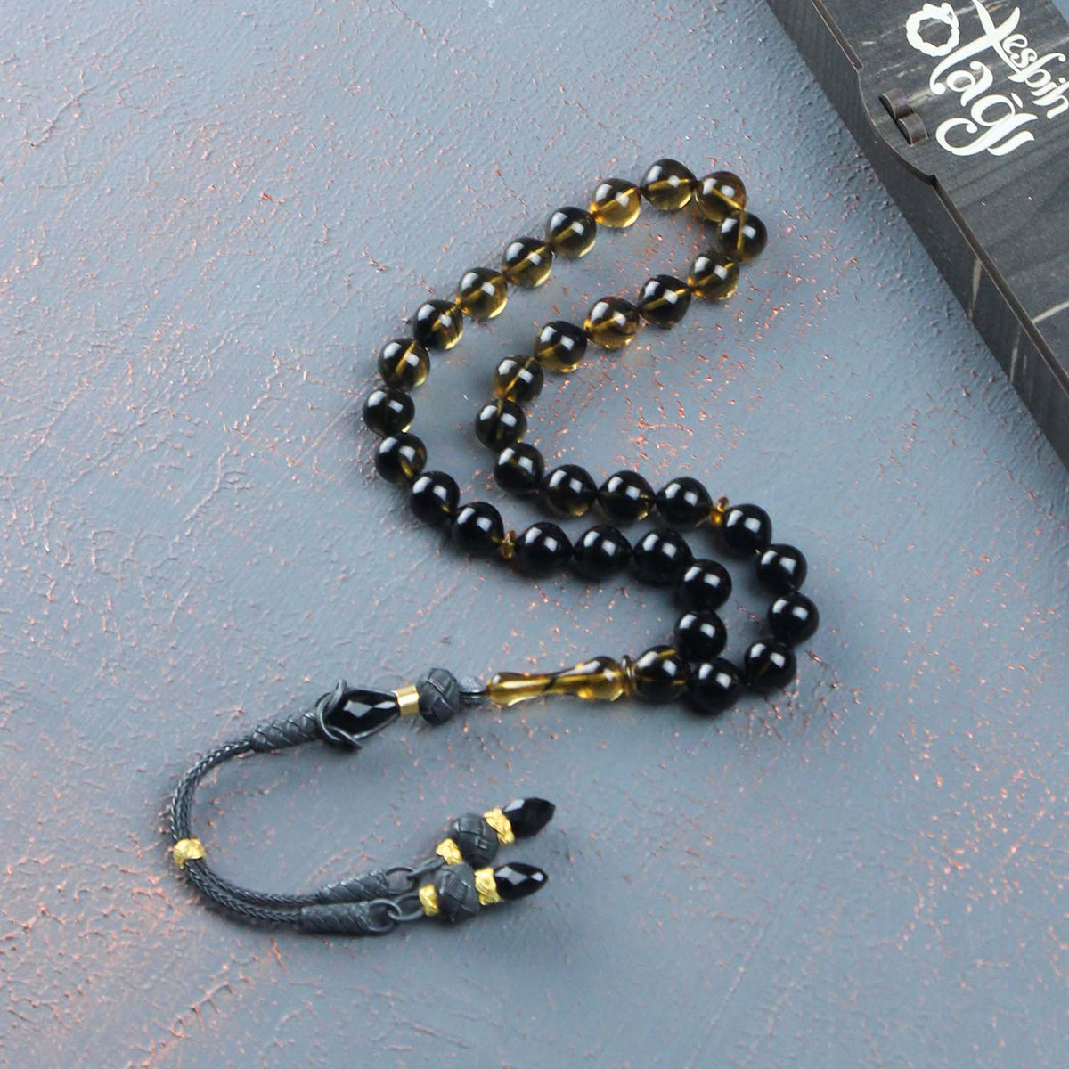 Silver Kazaz Tasselled Sphere Cut Black Fire Amber Prayer Beads