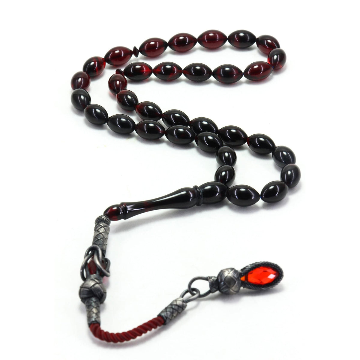 Silver Kazaz Tasselled Red Black Fire Amber Prayer Beads