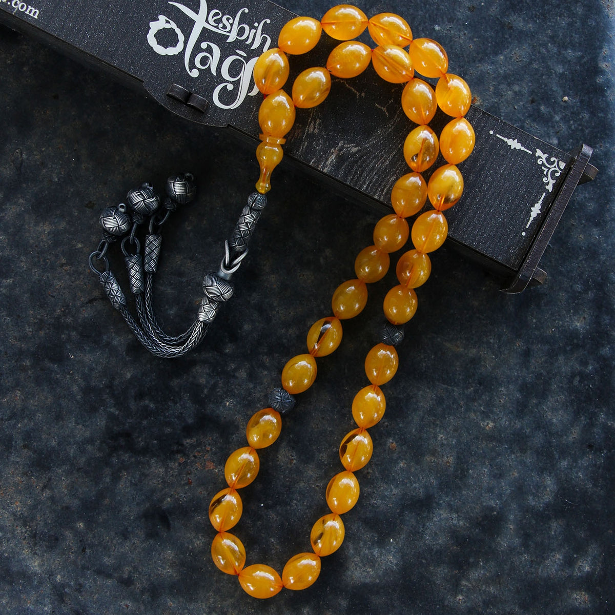 Fatih Serisi Silver Kazaz Tasselled Pressed Amber Prayer Beads