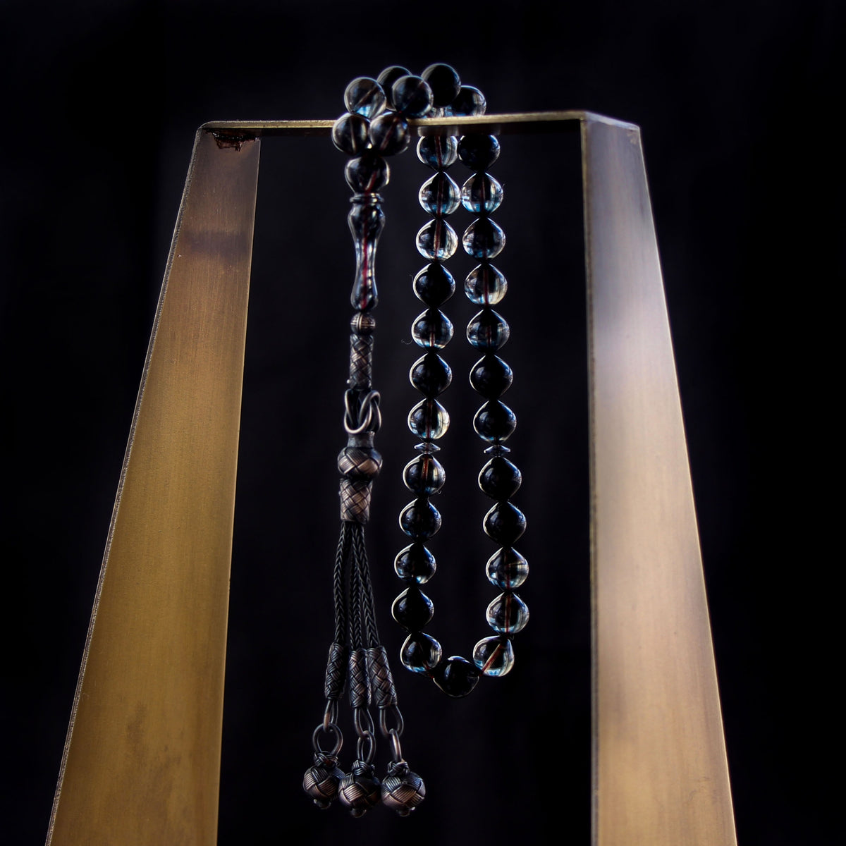Sığırcık Cut Silver Kazaz Tasselled Black Moiré Fire Amber Prayer Beads